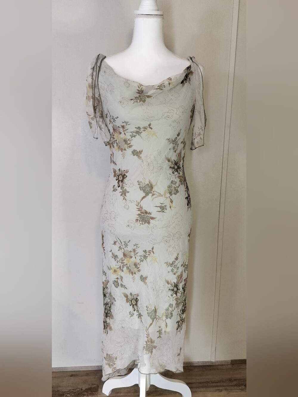 Tailor B. Moss Sheer Floral Cowl Neck Midi Dress in Light Sage and Taupe